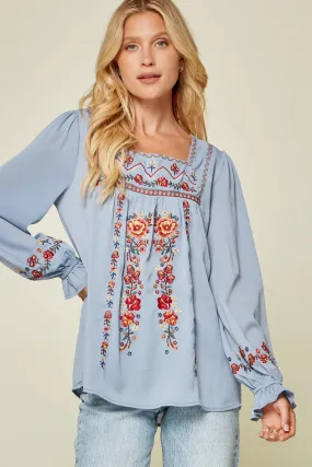 Embroidered Babydoll Top, Blue