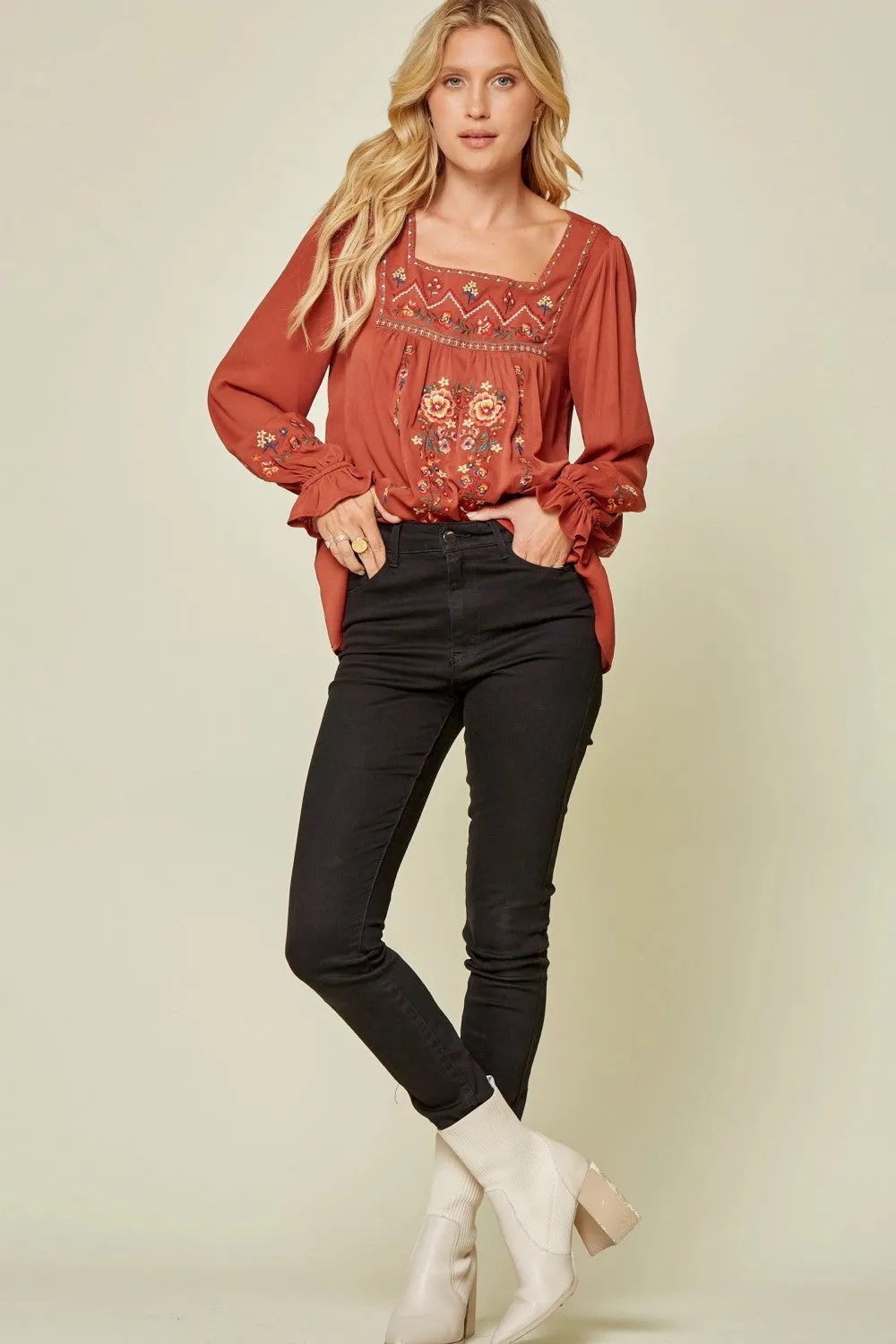 Embroidered Babydoll Top, Rust