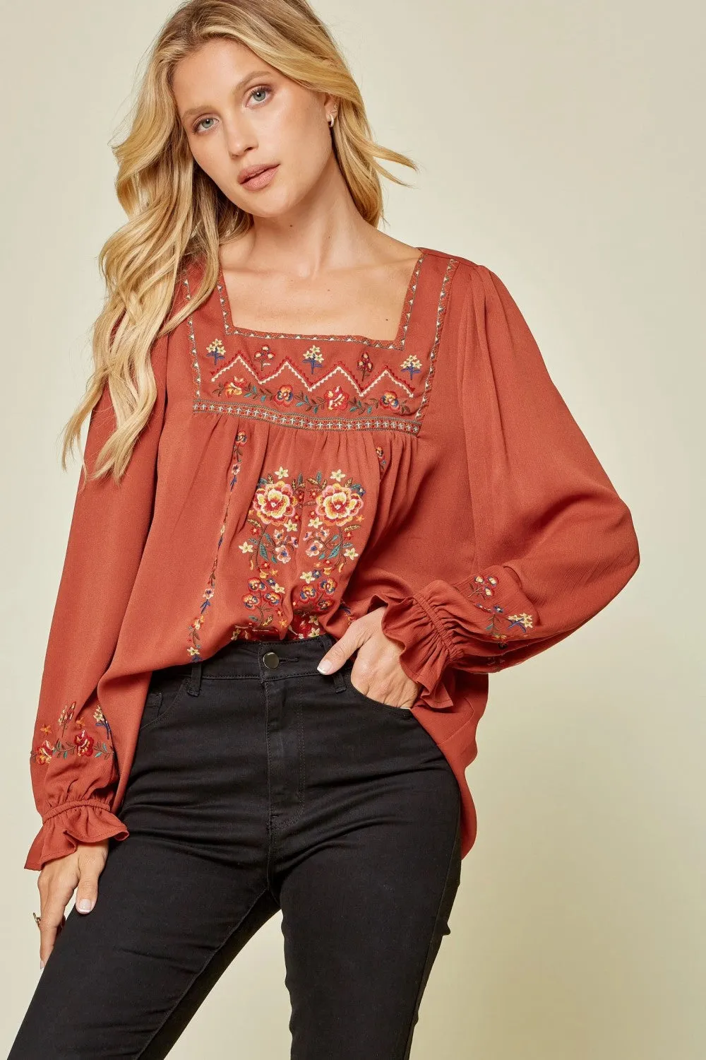 Embroidered Babydoll Top, Rust