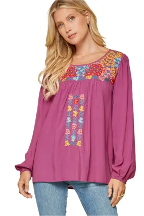 Embroidered Balloon Sleeve Blouse, Magenta