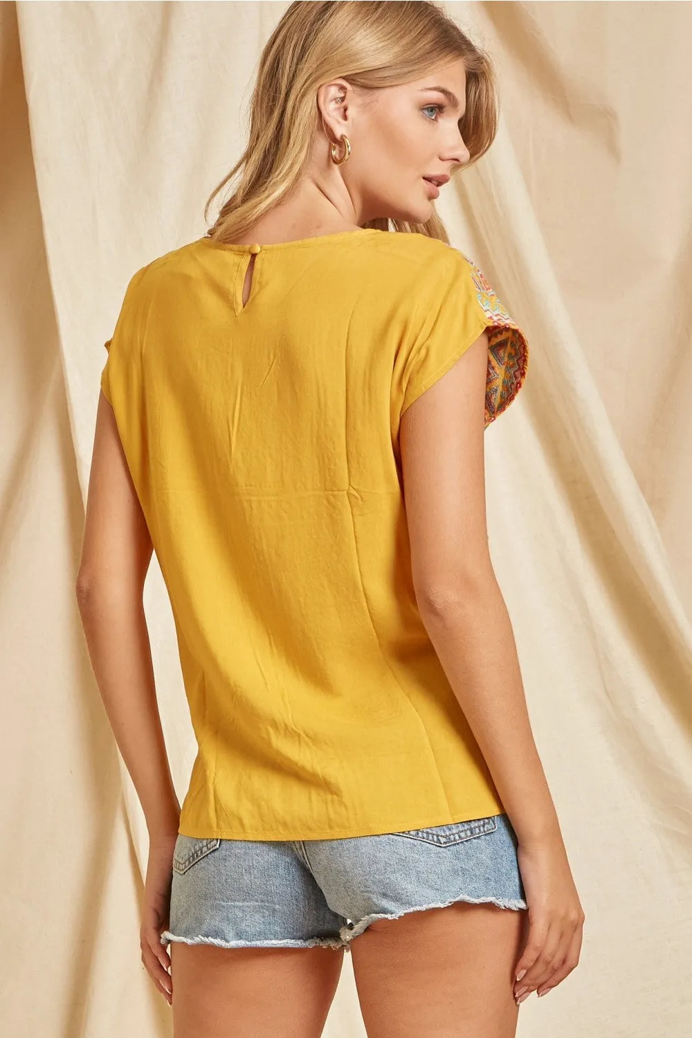 Embroidered Cap Sleeve Top, Marigold