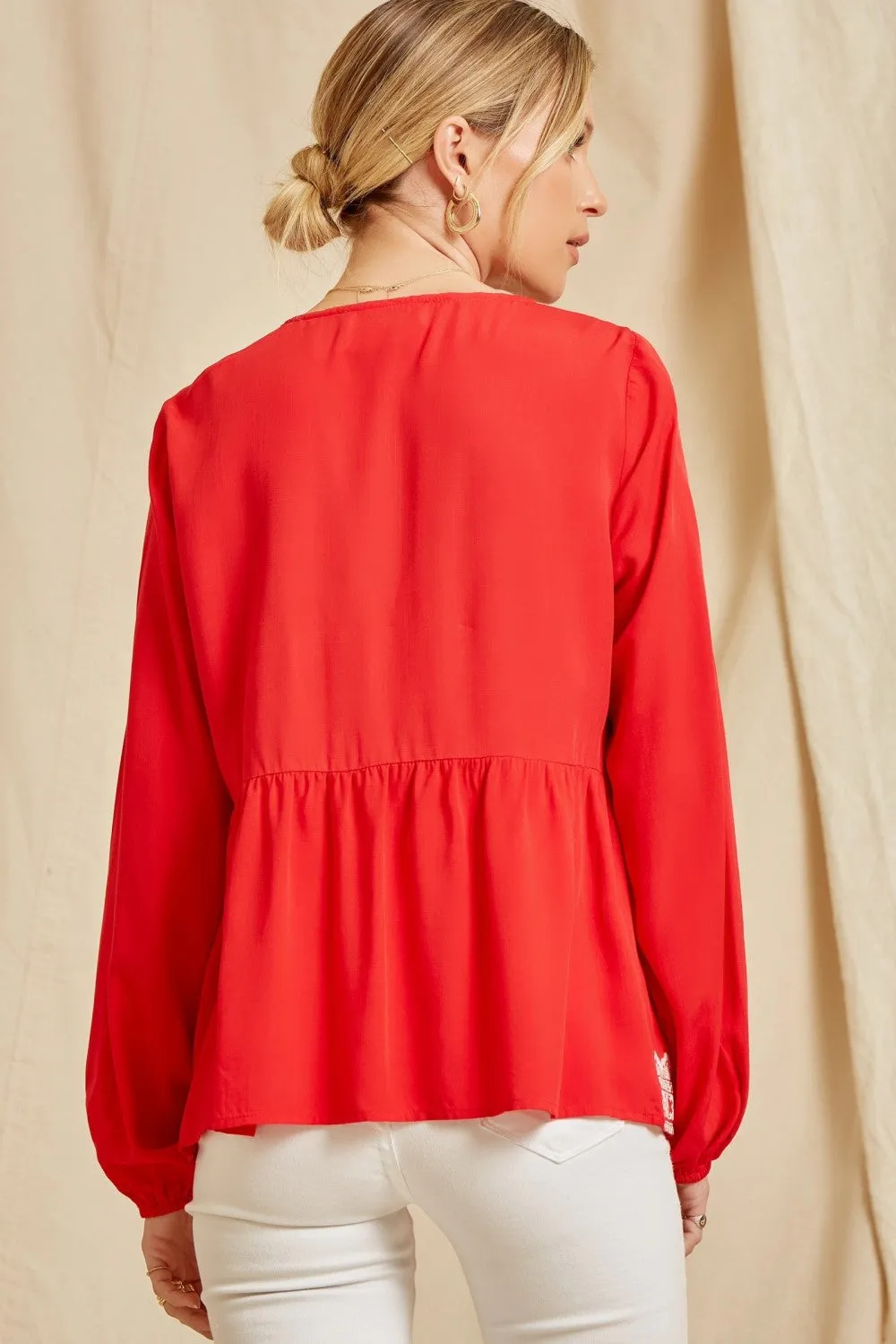 Embroidered Peplum Blouse, Red