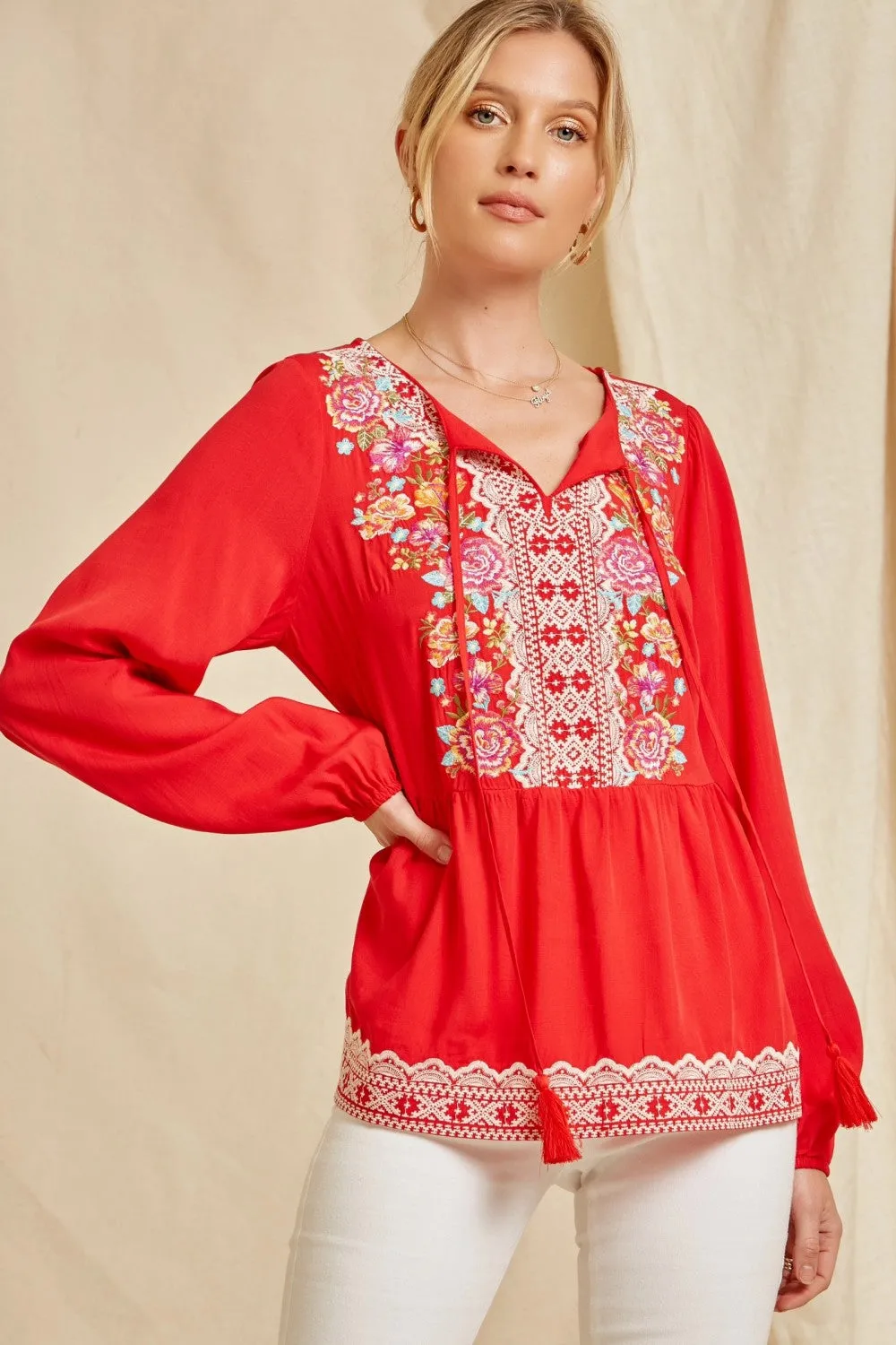 Embroidered Peplum Blouse, Red