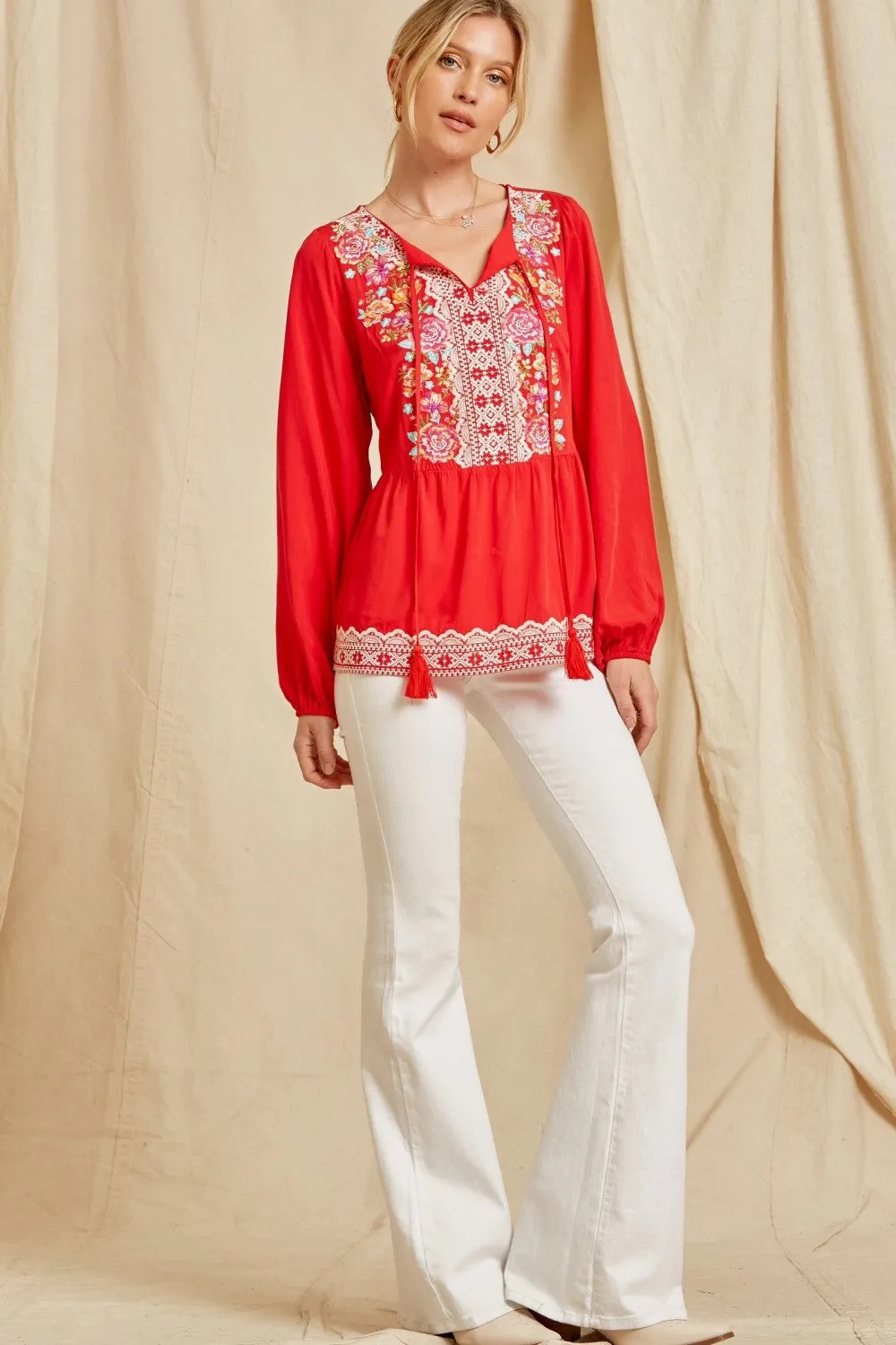 Embroidered Peplum Blouse, Red