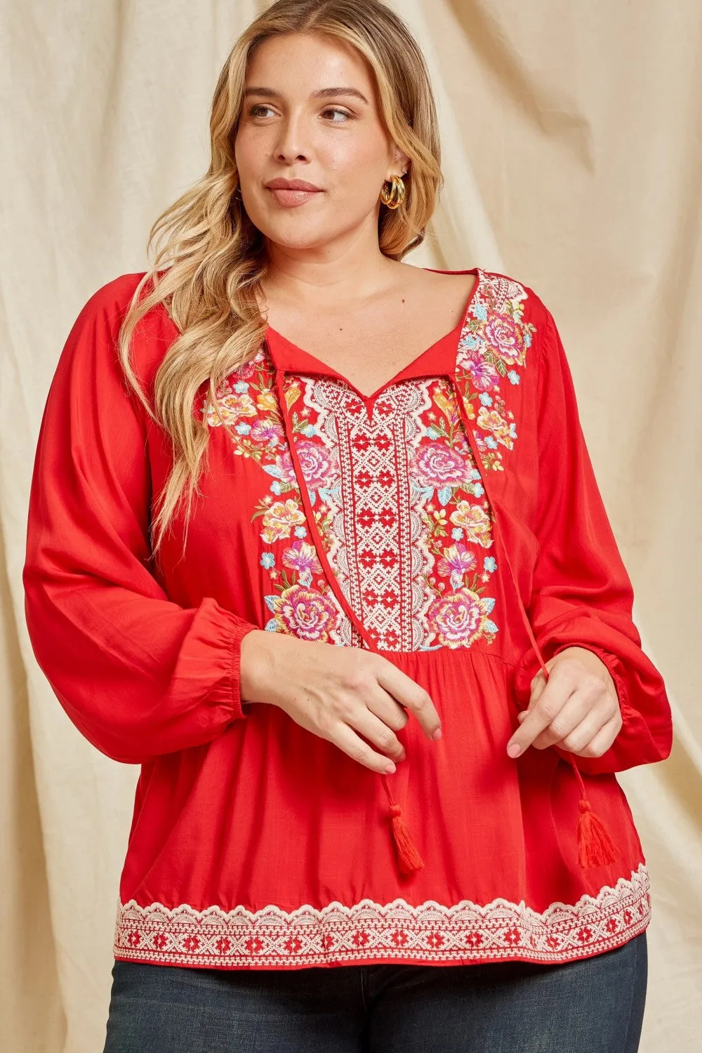 Embroidered Peplum Blouse, Red