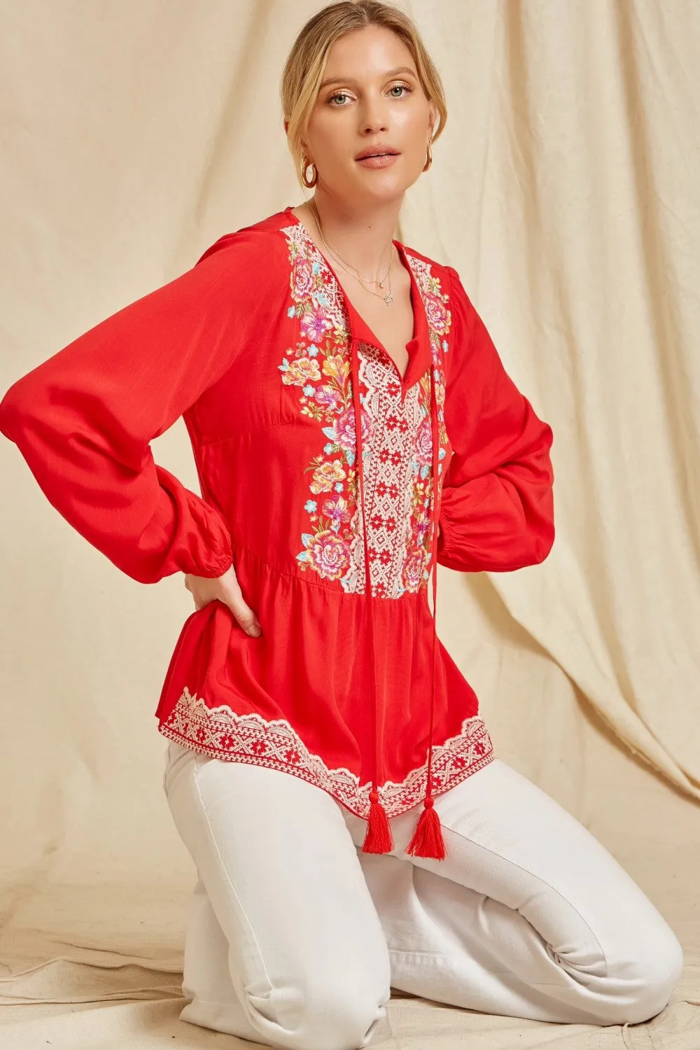 Embroidered Peplum Blouse, Red