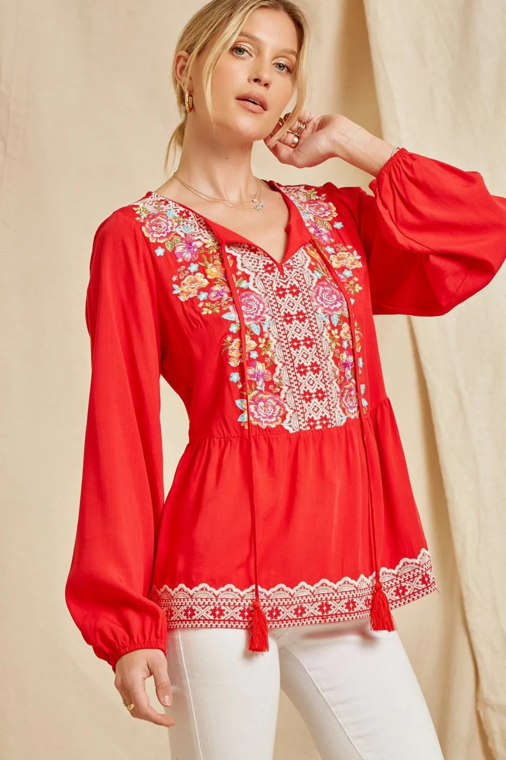 Embroidered Peplum Blouse, Red