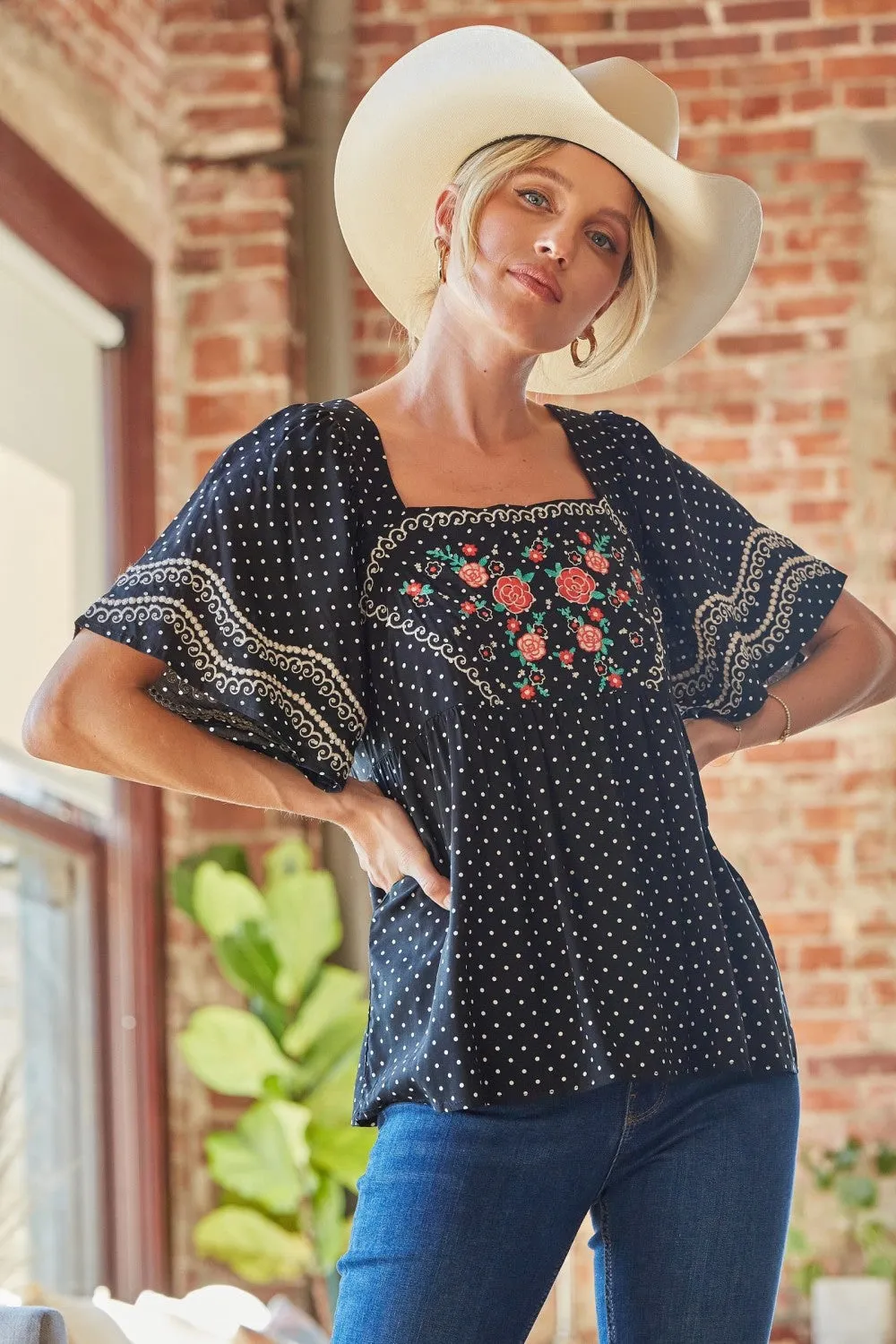 Embroidered Polka Dot Top