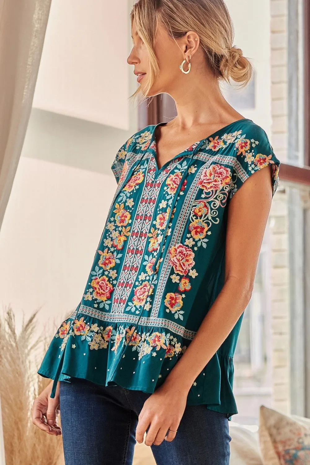 Embroidered Ruffle Top, Teal