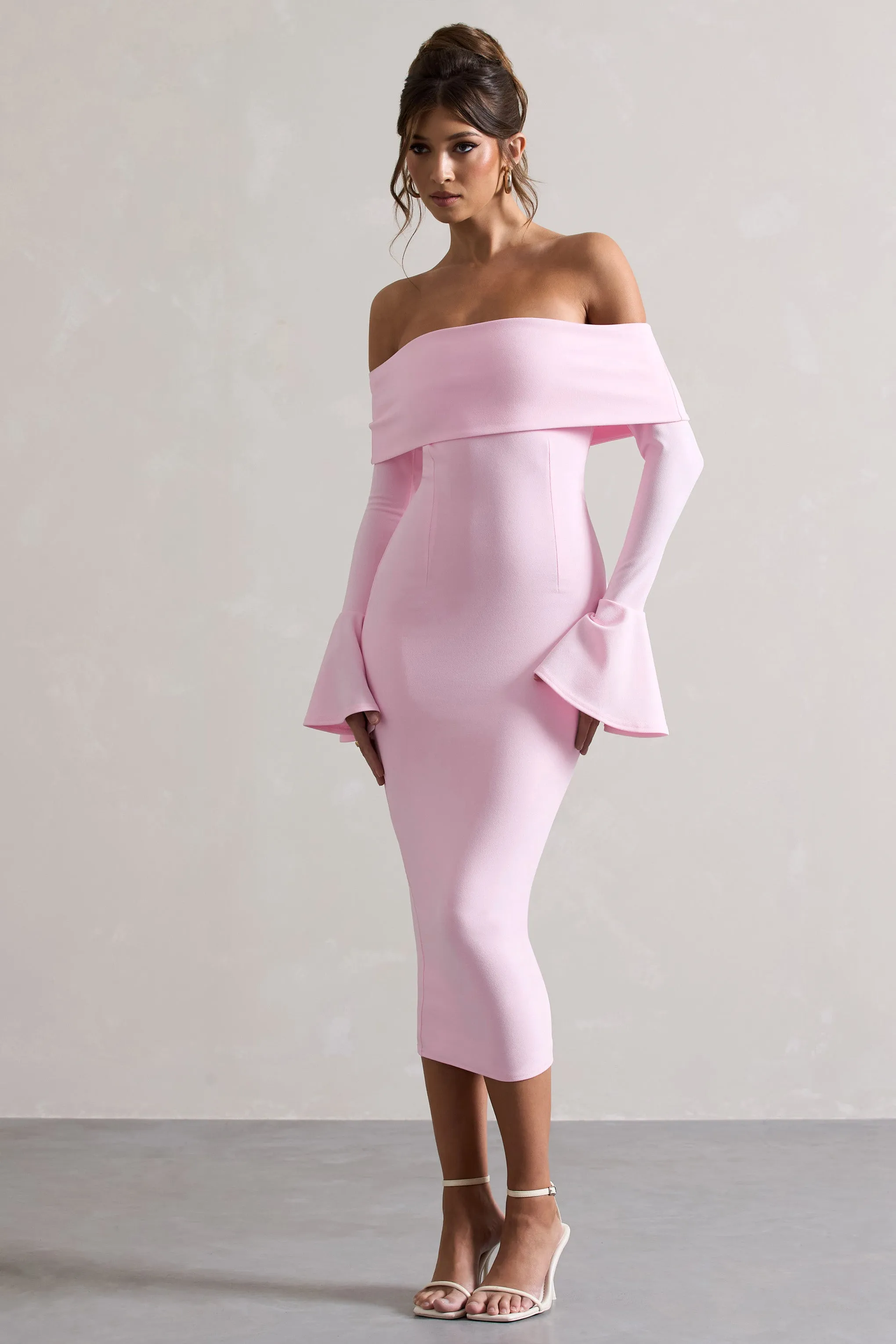 Emma | Pink Bardot Flared-Sleeve Midi Dress