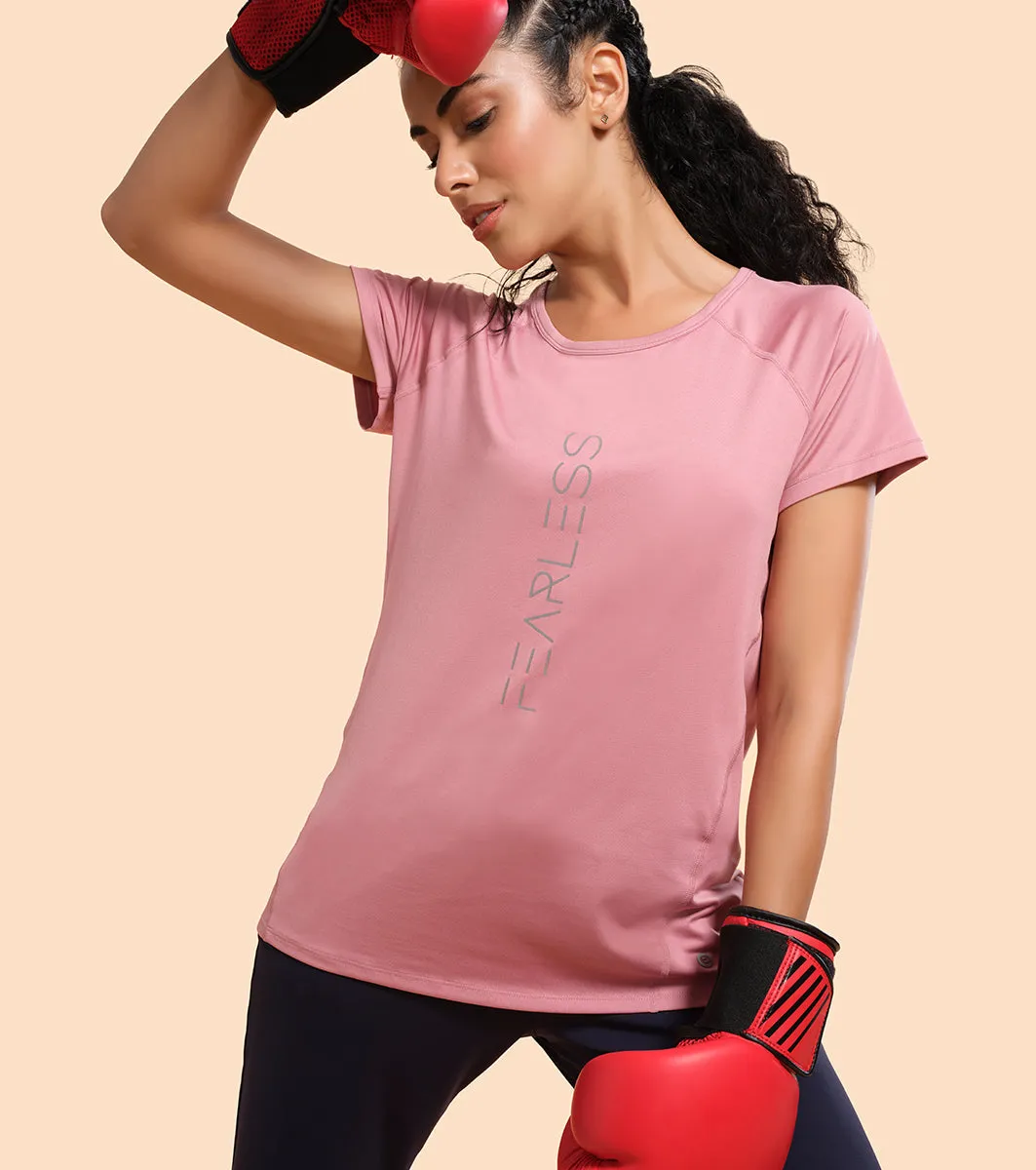 Enamor Active Dry Fit Graphic Tee For Women | Basic T-Shirt With Raglan Sleeve & Scoop Neck Design | Mauve Love - Fearless Graphic