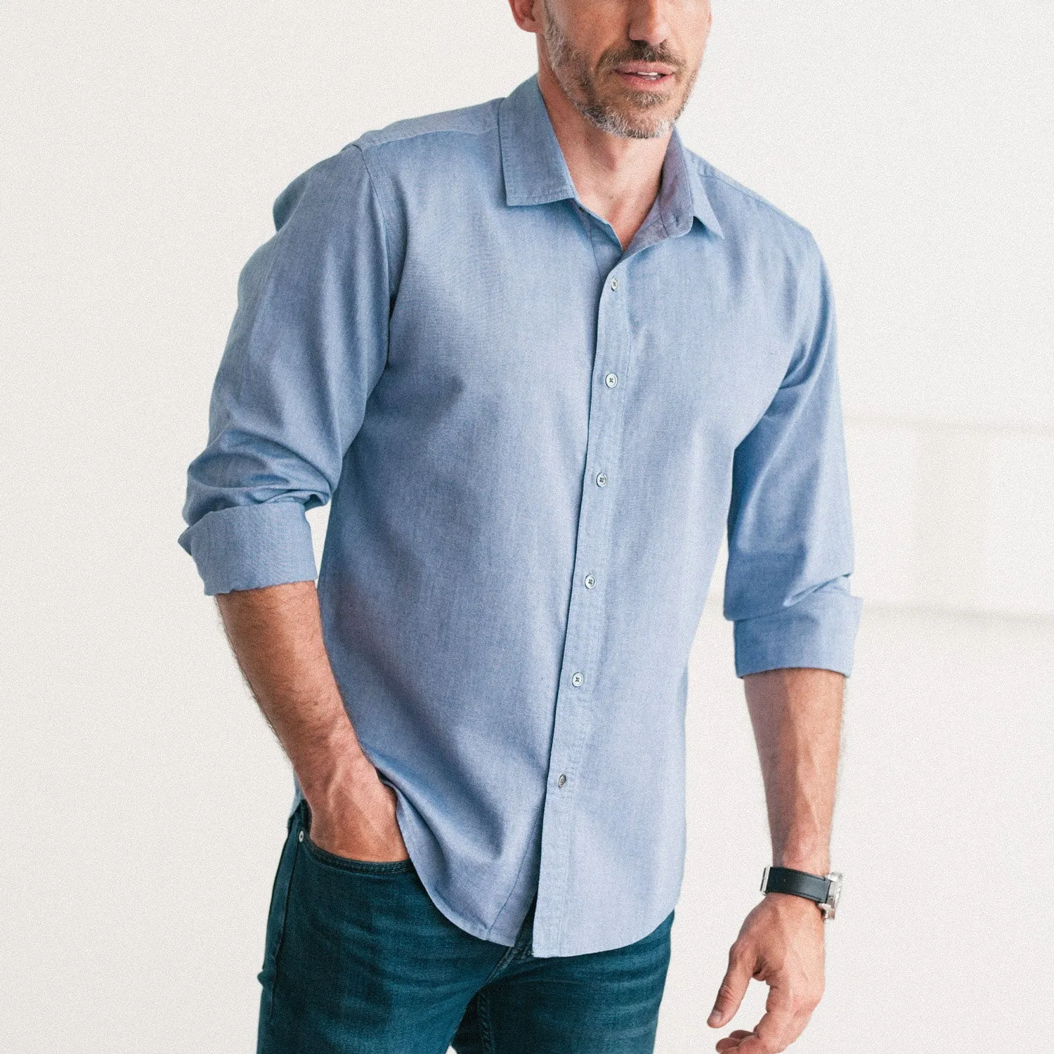 Essential Spread Collar Casual Shirt - Navy Blue Cotton Oxford