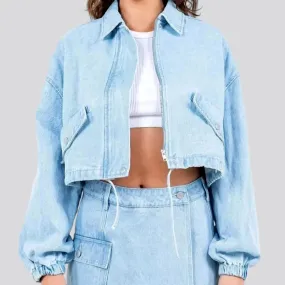 Fashionable crop style denim jacket for ladies