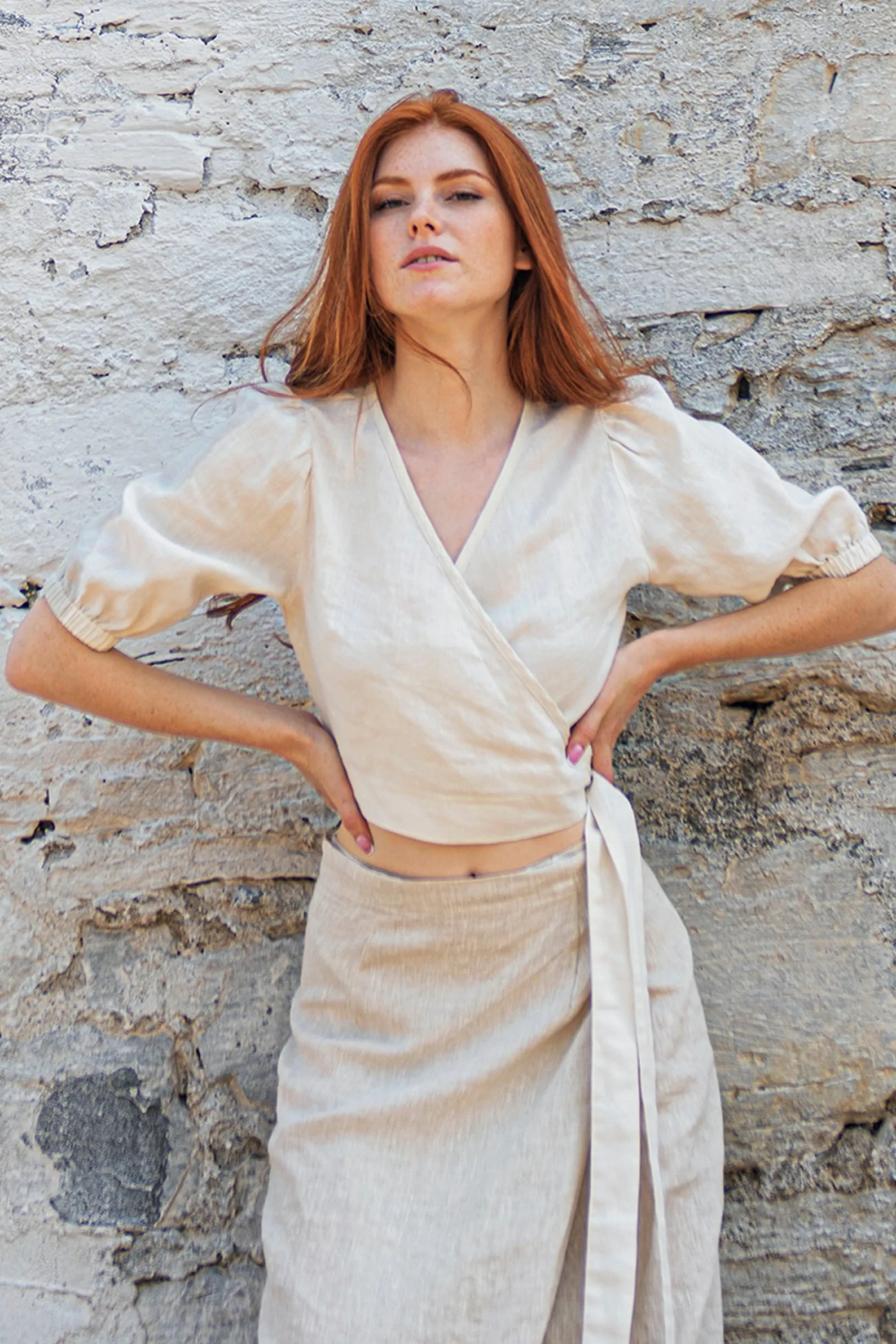 Feminine Linen Wrap Top