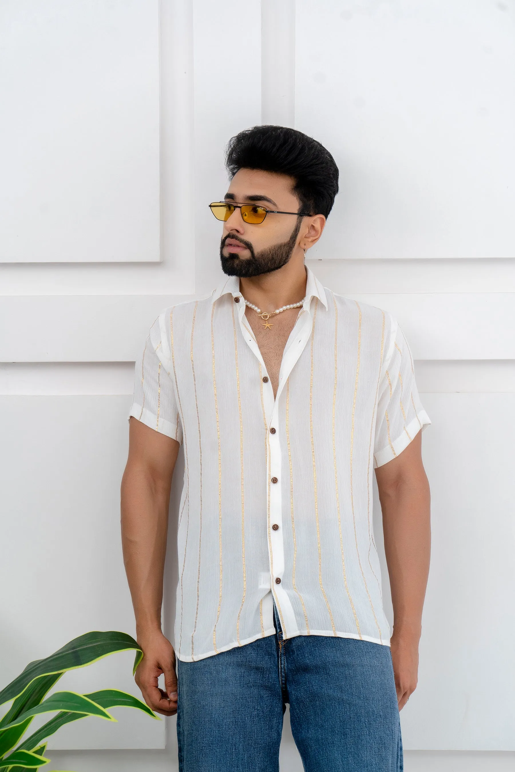 Firangi Yarn Relaxed Fit Super Flowy Re-engineered Cotton Lurex- Half Sleeves Party Shirt White and Gold