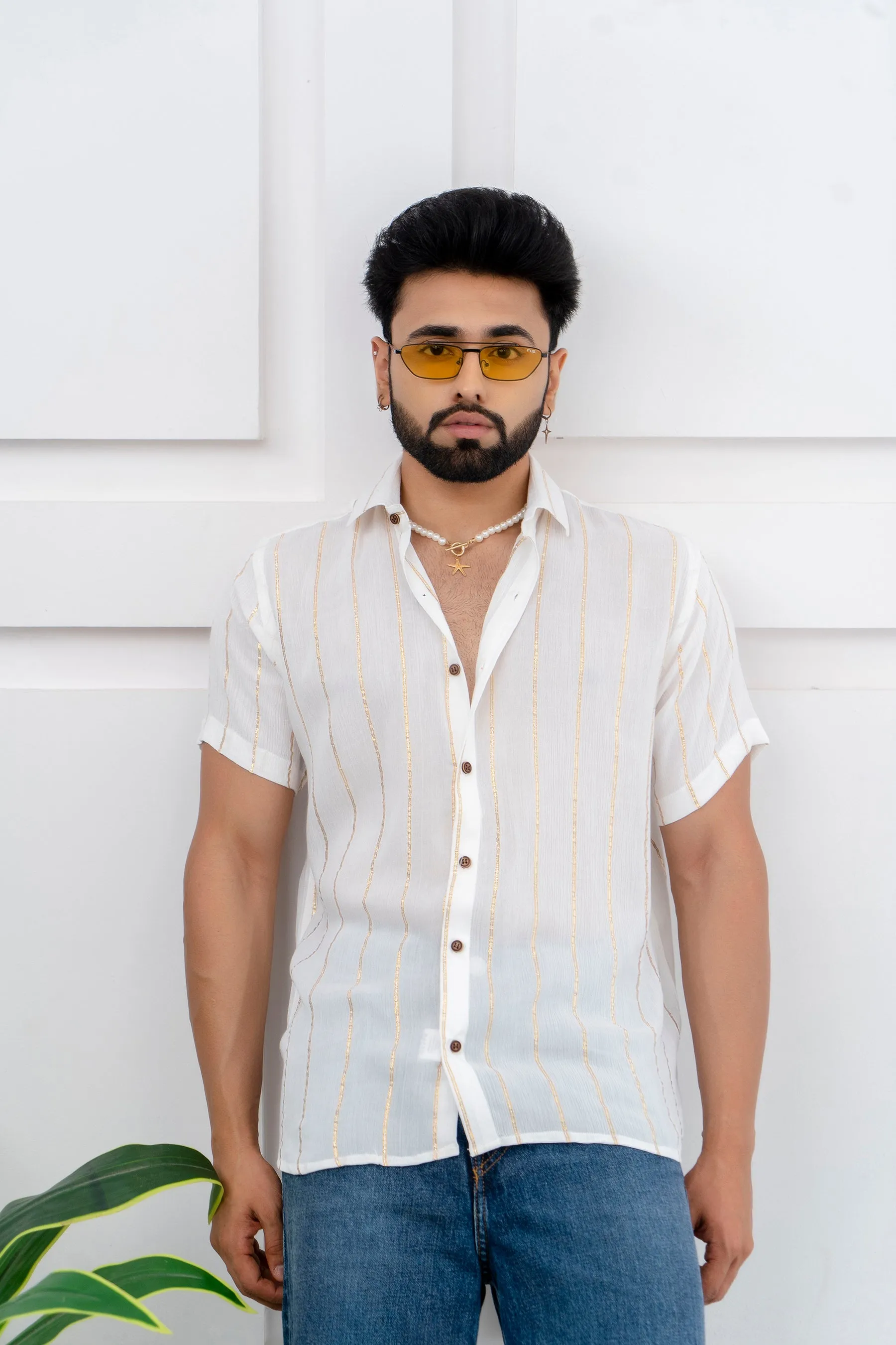 Firangi Yarn Relaxed Fit Super Flowy Re-engineered Cotton Lurex- Half Sleeves Party Shirt White and Gold