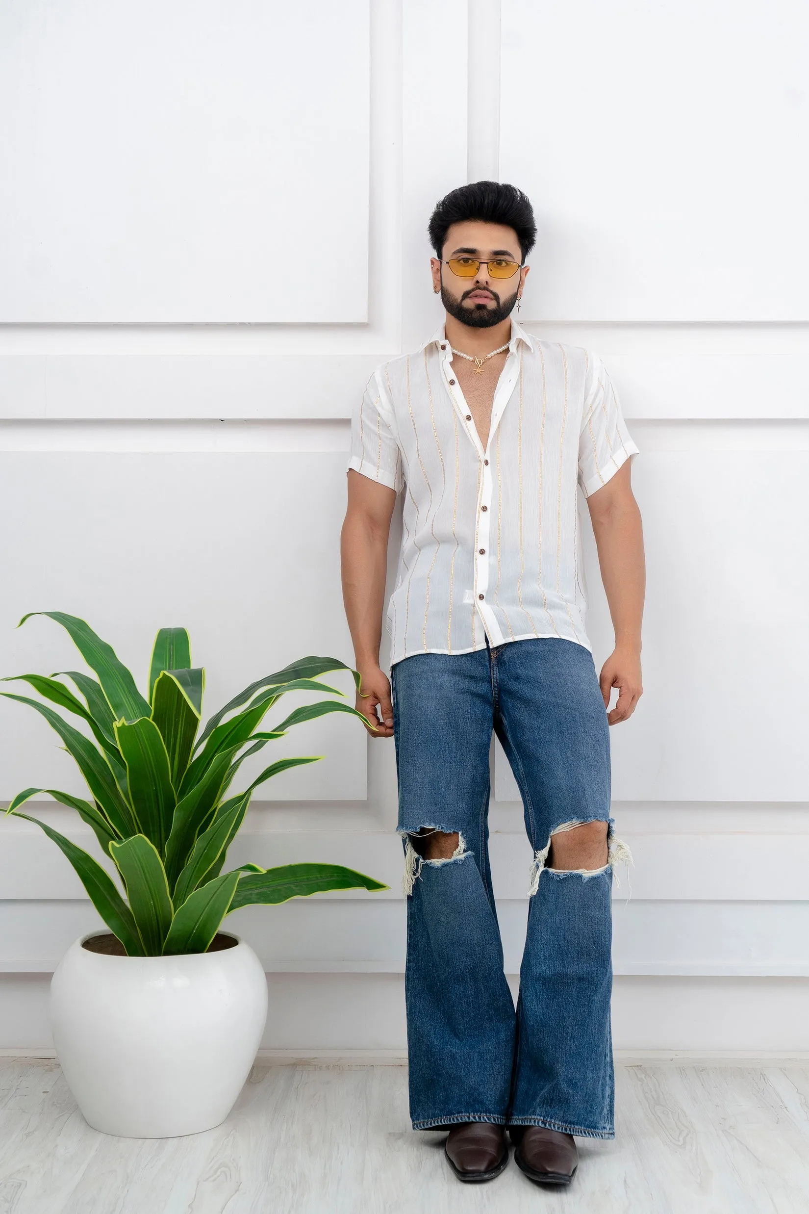 Firangi Yarn Relaxed Fit Super Flowy Re-engineered Cotton Lurex- Half Sleeves Party Shirt White and Gold