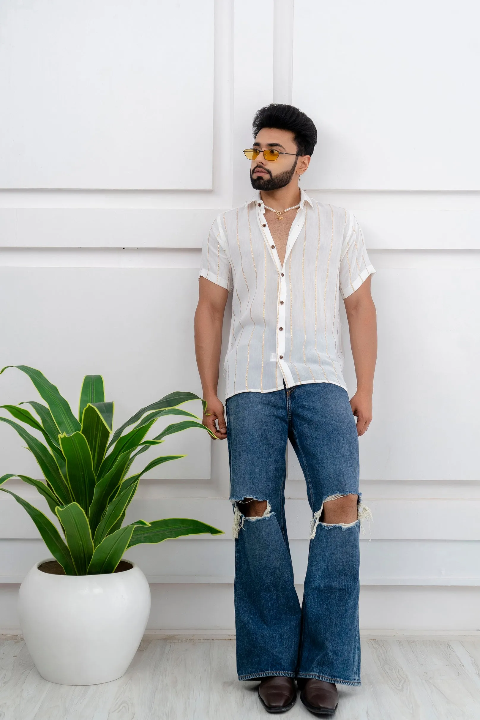 Firangi Yarn Relaxed Fit Super Flowy Re-engineered Cotton Lurex- Half Sleeves Party Shirt White and Gold