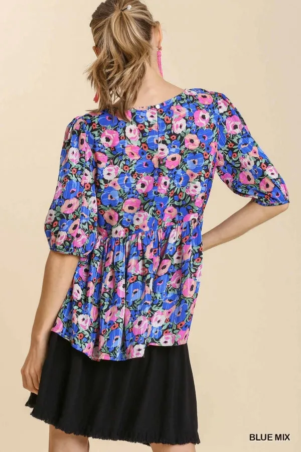 Floral Babydoll Top, Blue Mix