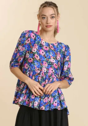 Floral Babydoll Top, Blue Mix