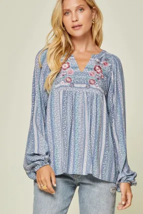 Floral Embroidered Babydoll Top, Blue