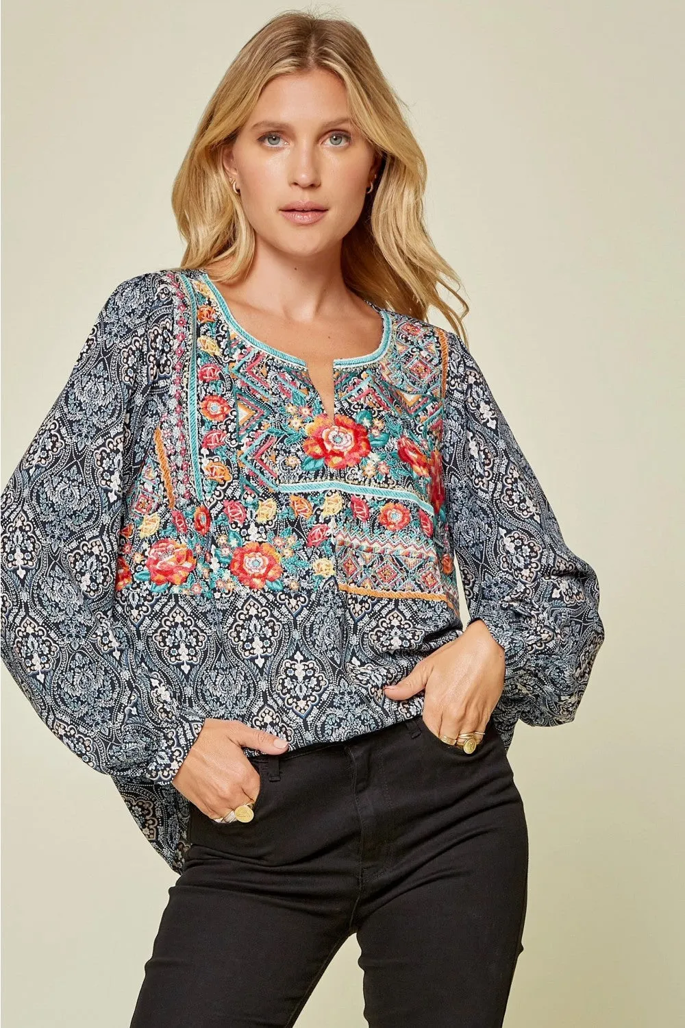 Floral Embroidered Blouse, Navy