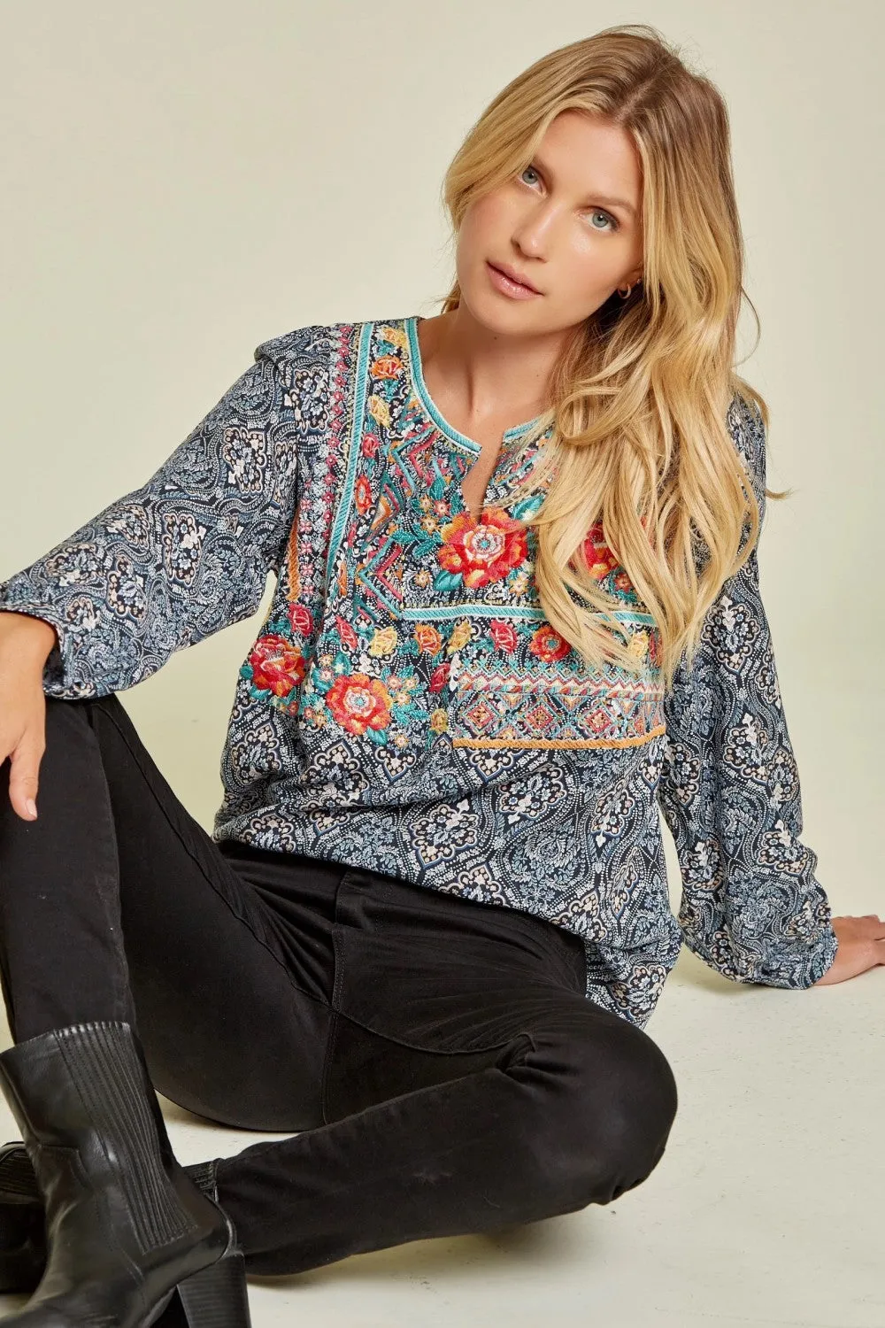 Floral Embroidered Blouse, Navy