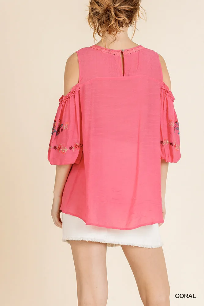 Floral Embroidered Peasant Top, Coral