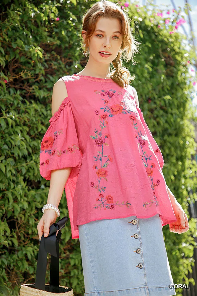 Floral Embroidered Peasant Top, Coral