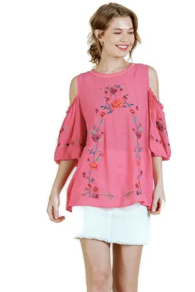 Floral Embroidered Peasant Top, Coral