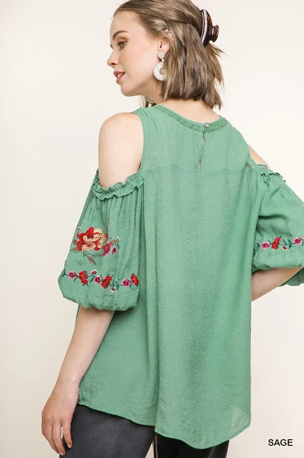 Floral Embroidered Peasant Top, Sage