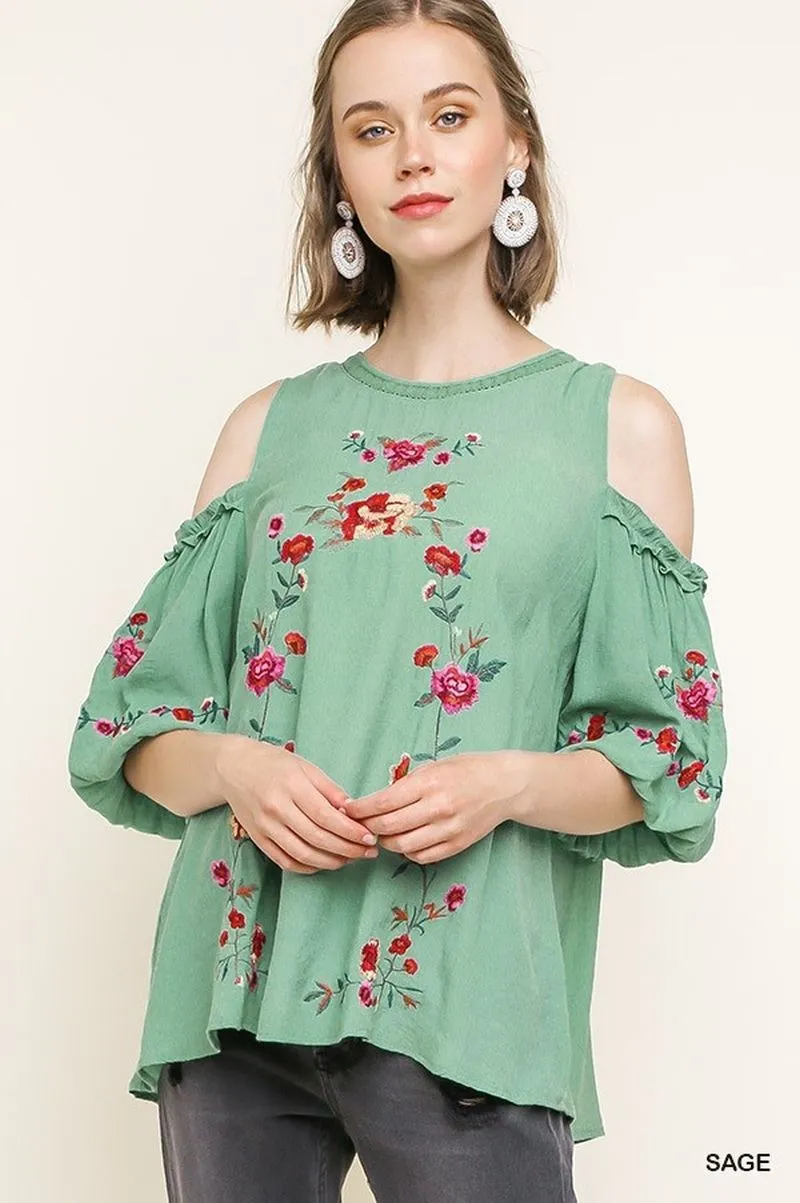 Floral Embroidered Peasant Top, Sage