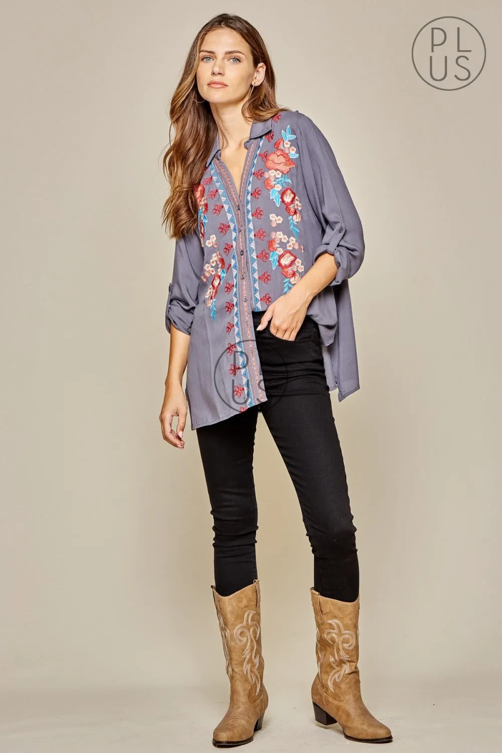 Floral Embroidered Tunic, Grey