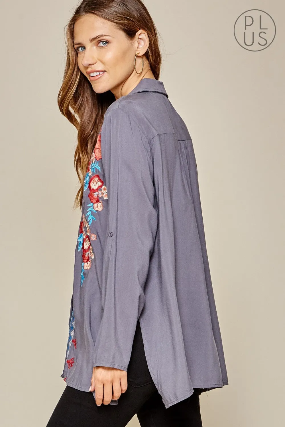 Floral Embroidered Tunic, Grey