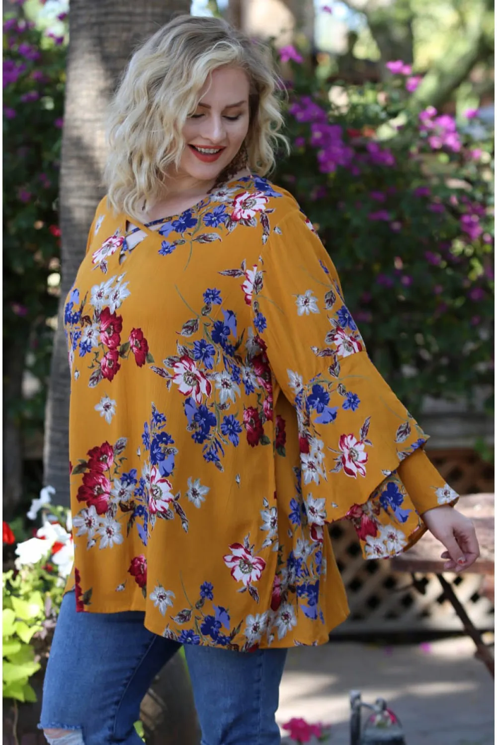 Floral Layered Bell Sleeve Tunic, Multi