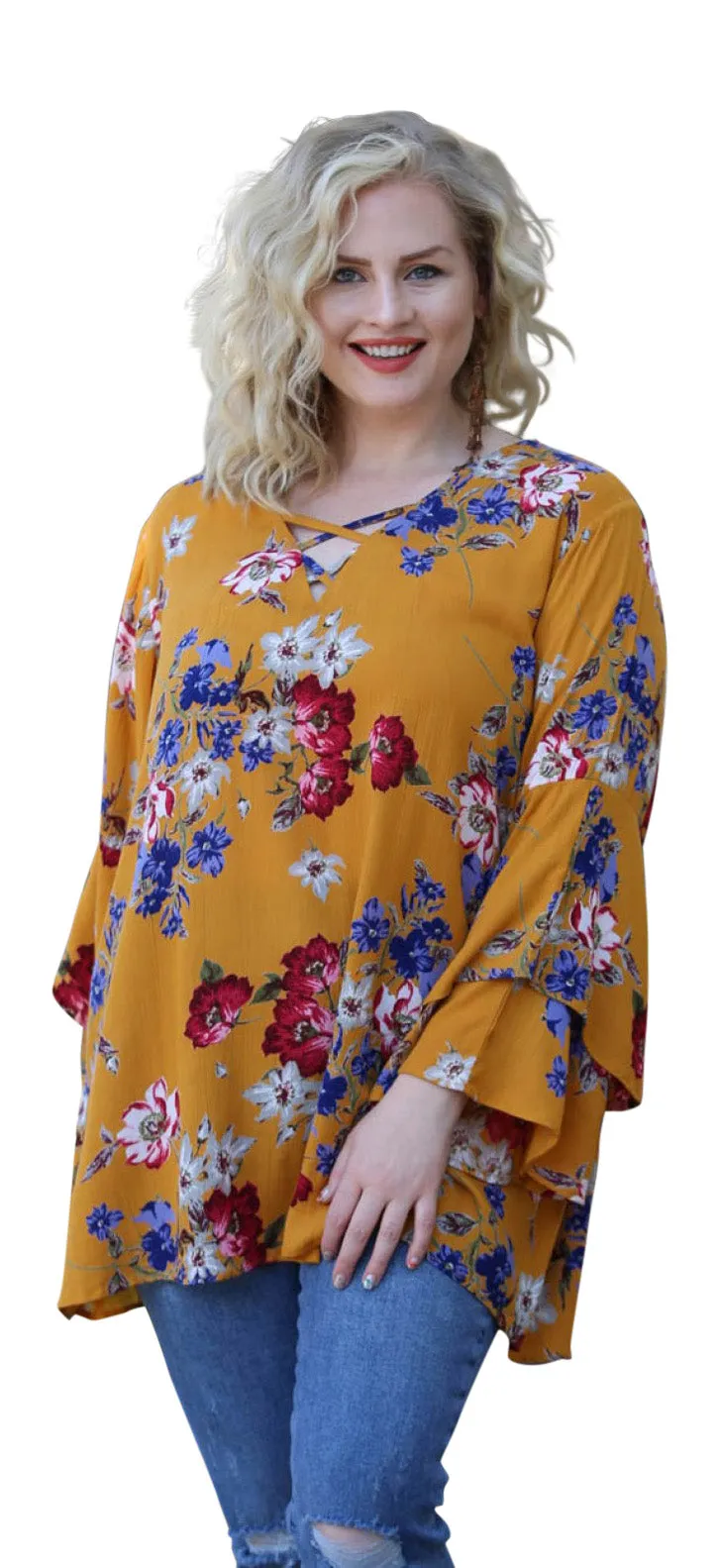 Floral Layered Bell Sleeve Tunic, Multi