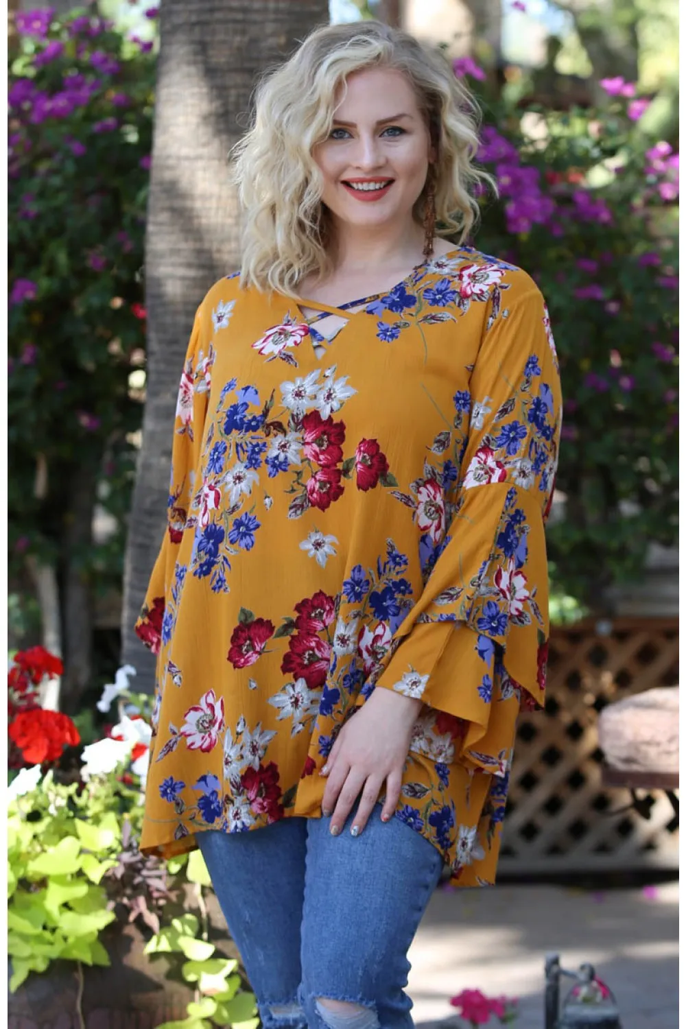 Floral Layered Bell Sleeve Tunic, Multi