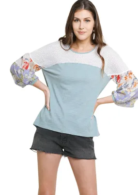 Floral Mixed Print Puff Sleeve Knit Top, Dusty Mint