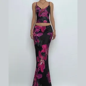 Flower print v neck contrast cami maxi skirt set