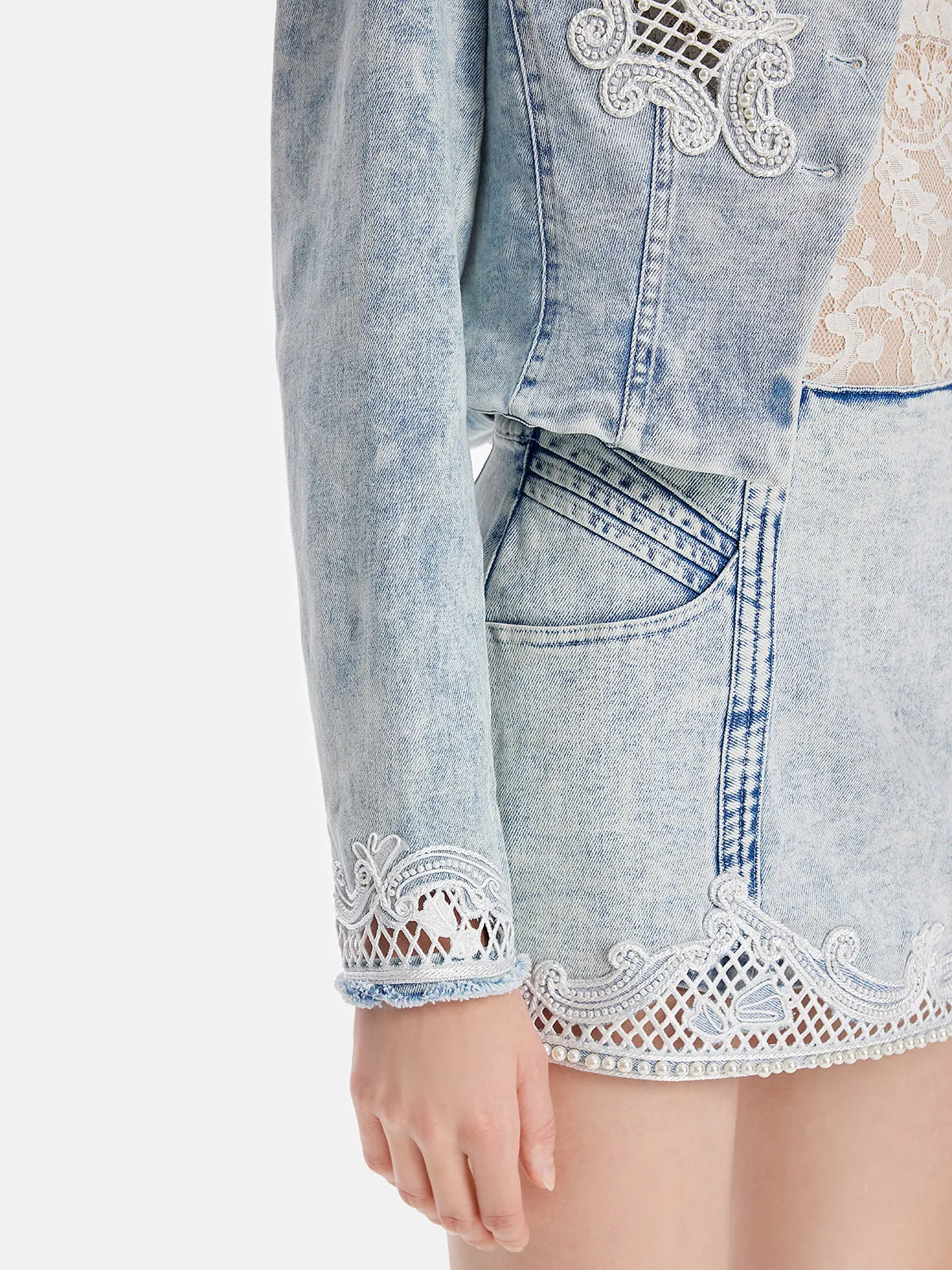 French Lace Embroidered Denim Jacket