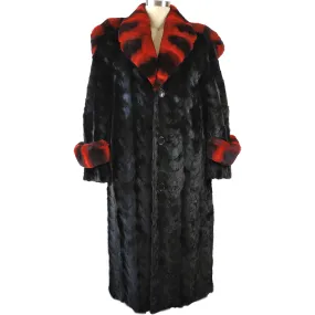 Full Skin Mink Trench Coat w/Red Rex Rabbit - Black