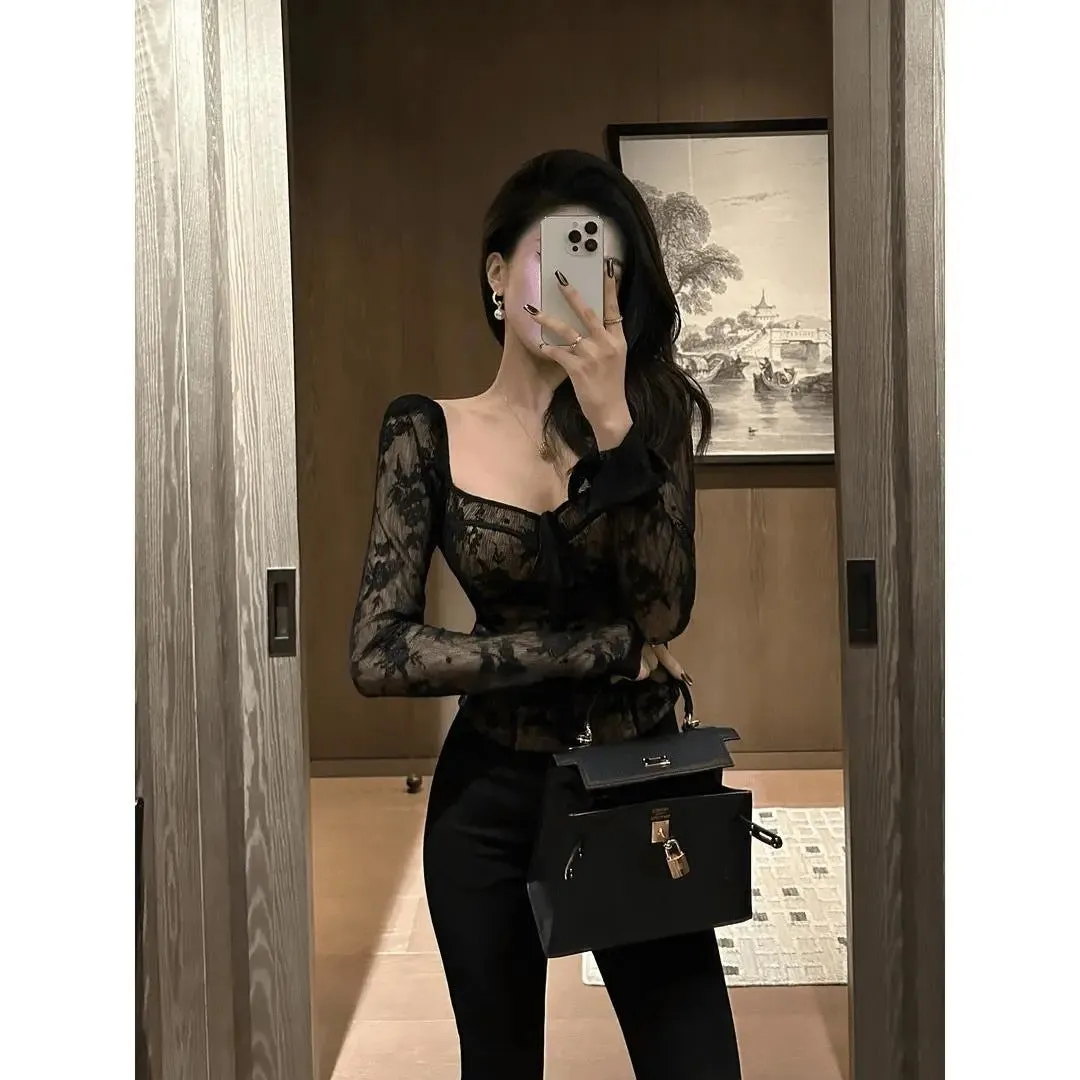 Girlary-shop avant garde dress to impress French Style Retro Square Collar Long-Sleeved Lace Shirt Women's Early Autumn Slim-Fit Slimming Hot Girl Top