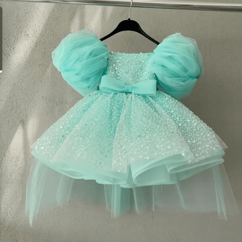 Girls puff sleeve bow tail dress Baby birthday evening gowns suitable for many occasions