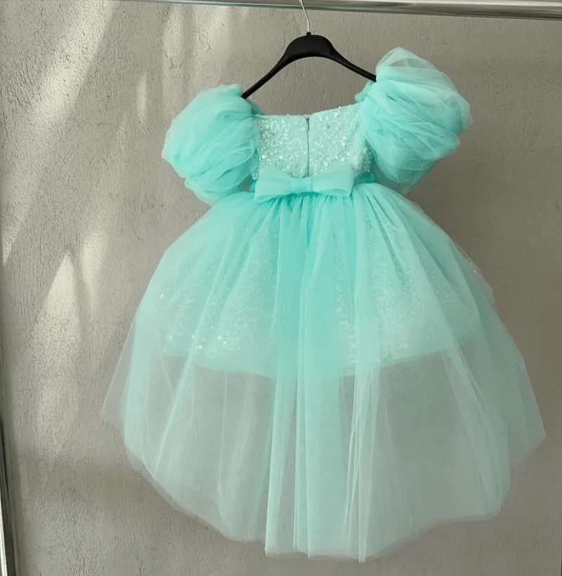 Girls puff sleeve bow tail dress Baby birthday evening gowns suitable for many occasions