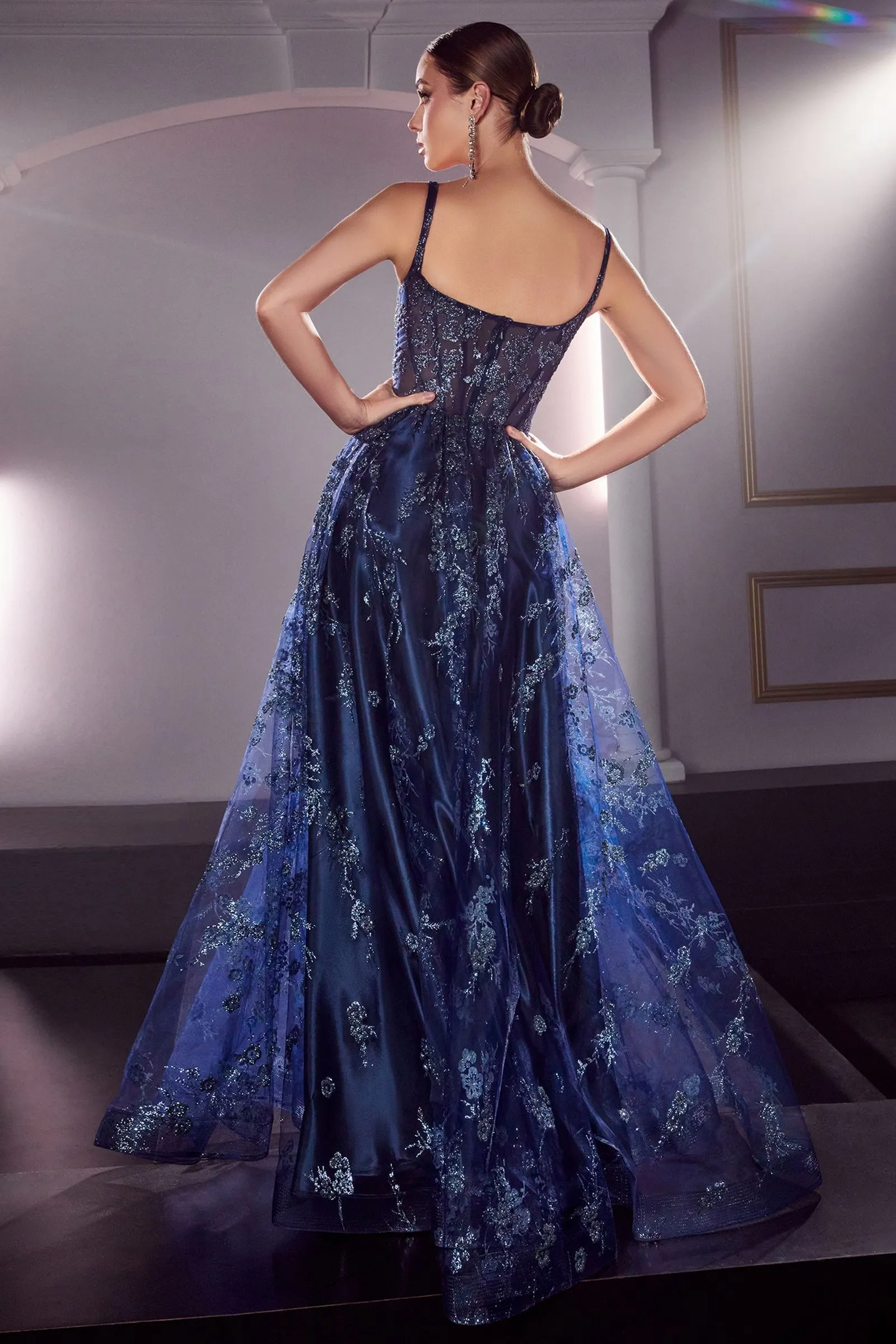 Glitter Print A-Line Dress w/ Sequined Applique, Open Back, & Sequin Ballgown