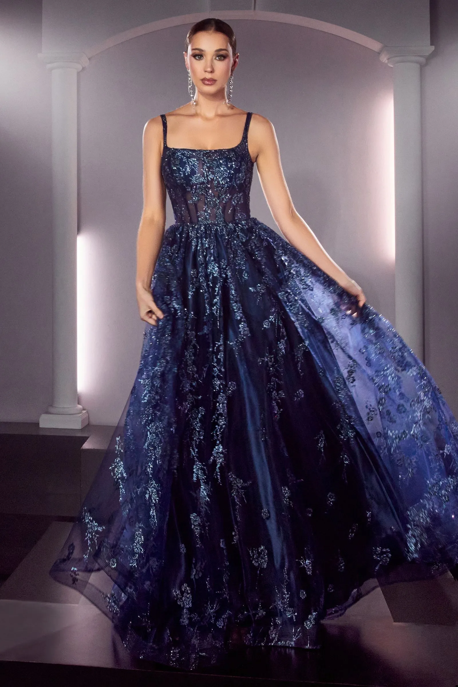 Glitter Print A-Line Dress w/ Sequined Applique, Open Back, & Sequin Ballgown