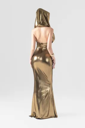 Golden Hooded Metallic Floral Appliqué Gown