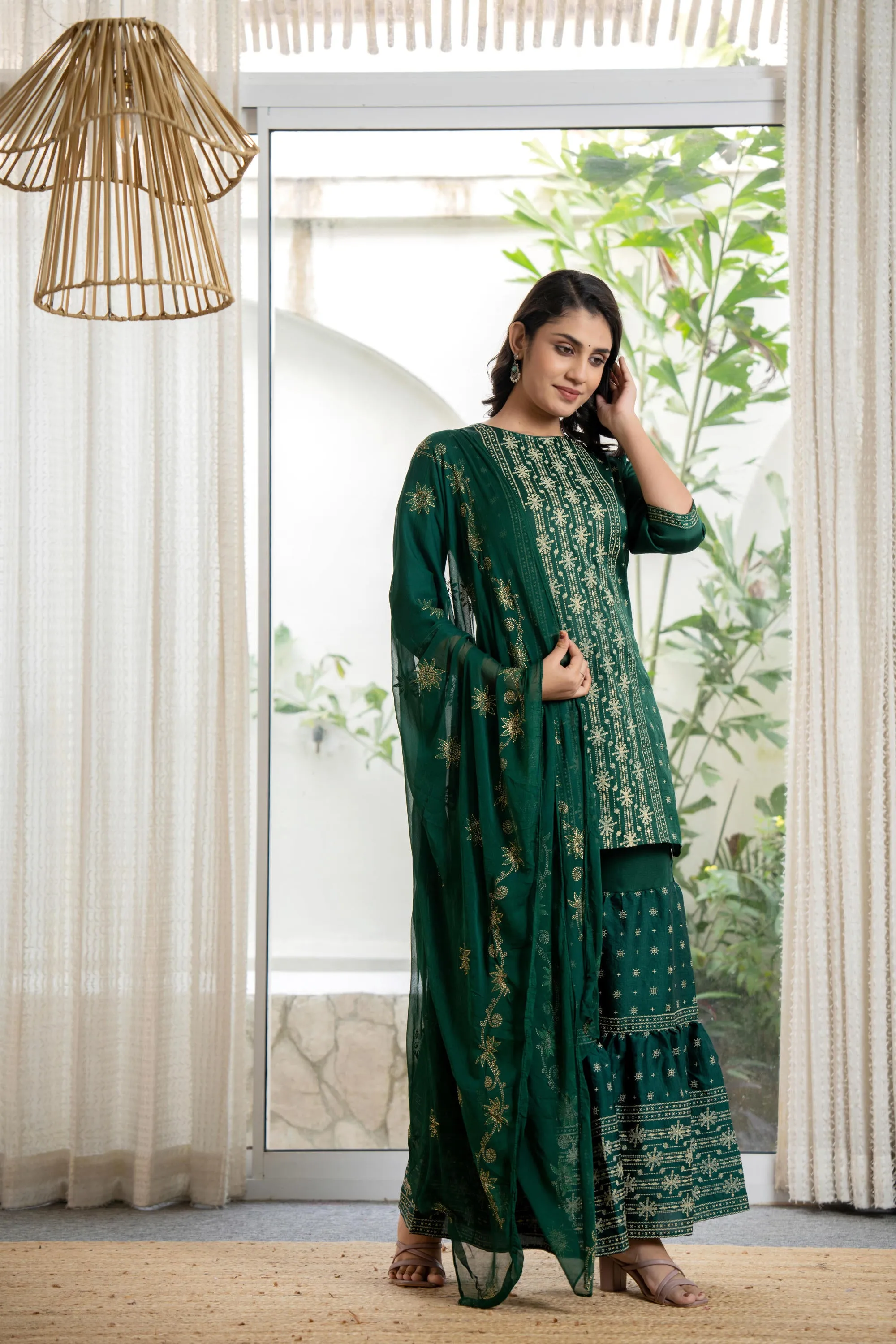 Green mono viscose embroidered tunic, sharara, and poly chanderi dupatta