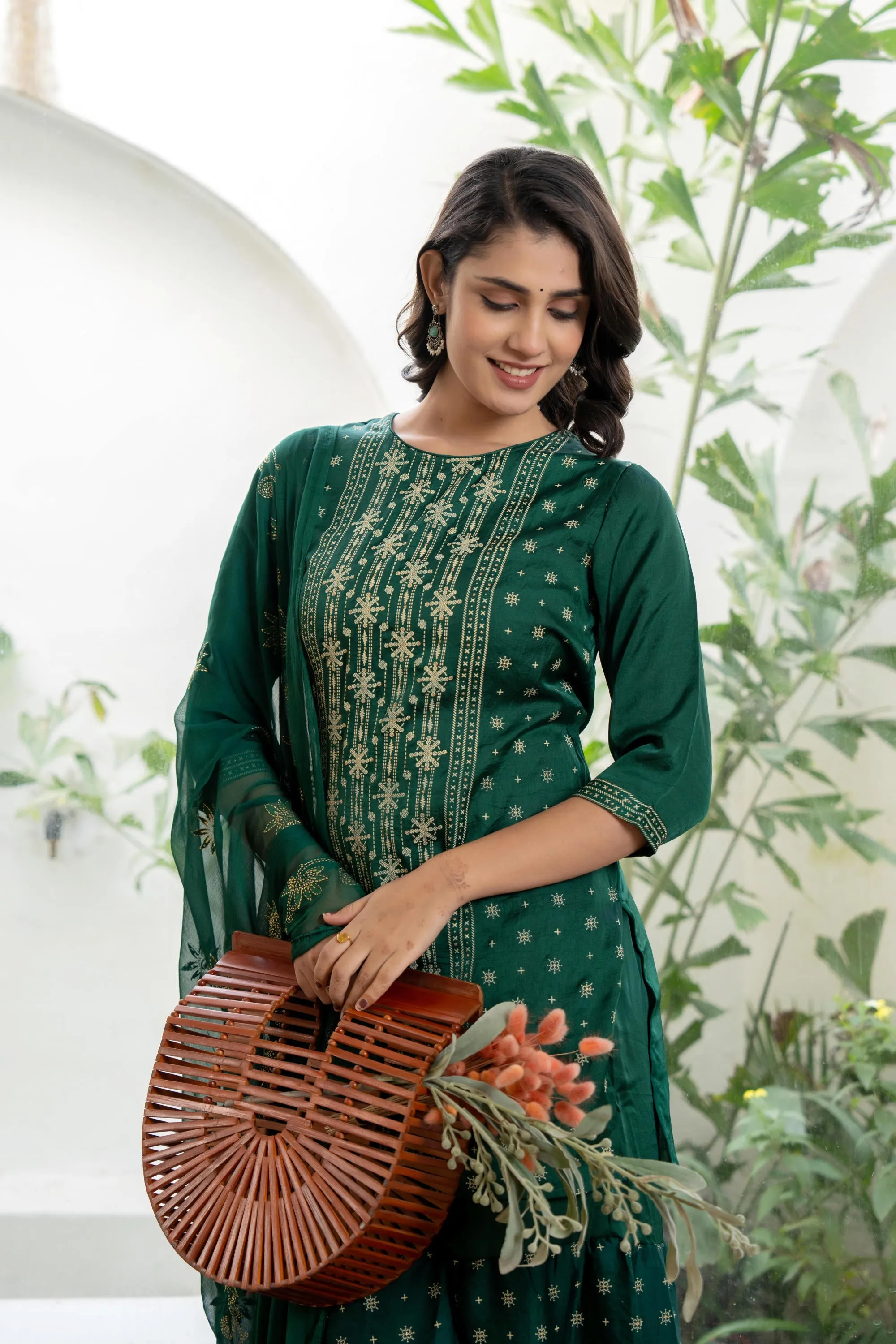 Green mono viscose embroidered tunic, sharara, and poly chanderi dupatta