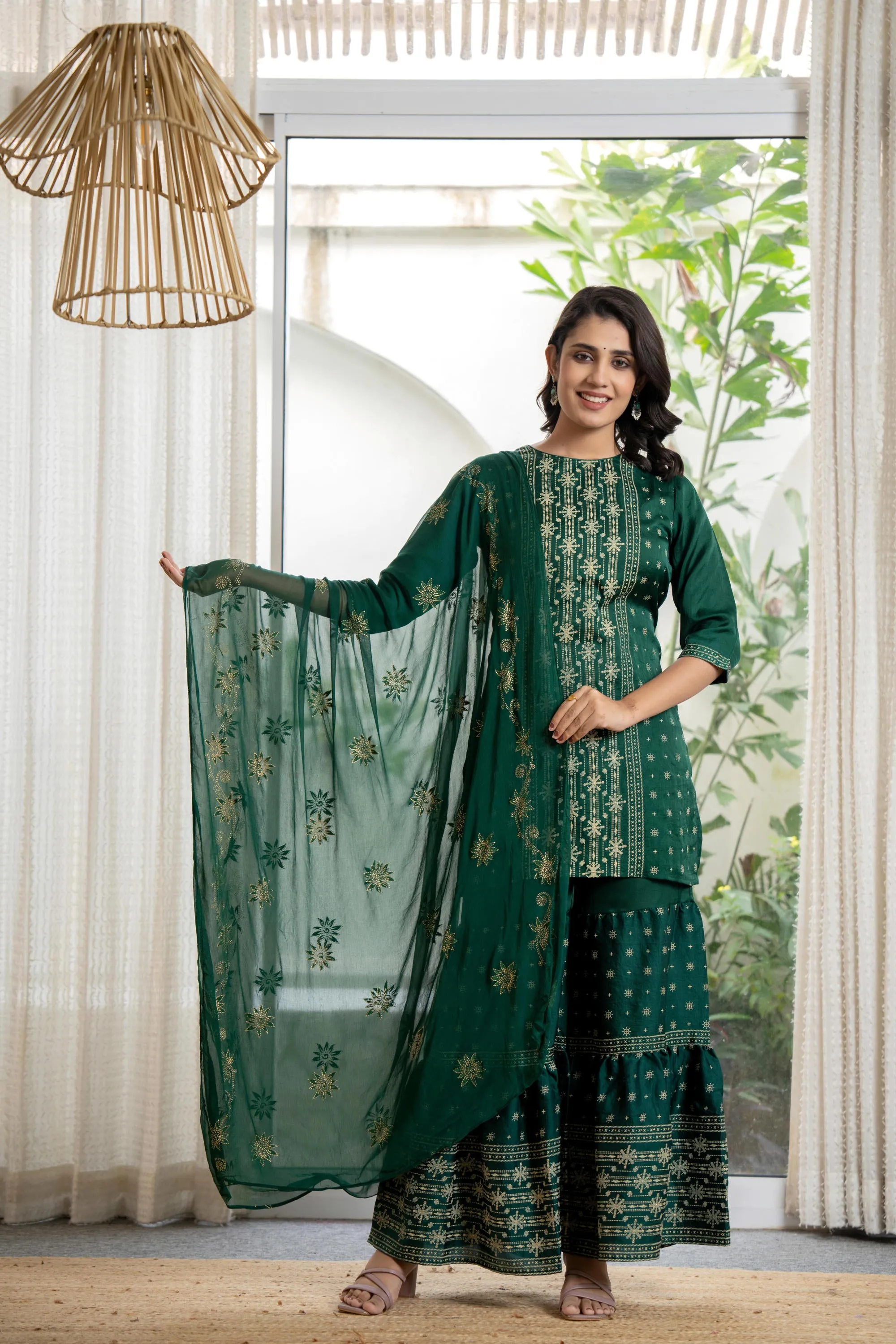 Green mono viscose embroidered tunic, sharara, and poly chanderi dupatta